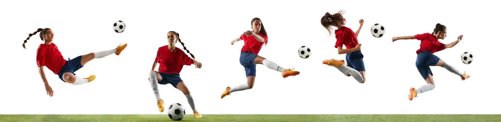 Creative collage. Female soccer player kicking, jumping, executing acrobatic shot against white studio background.