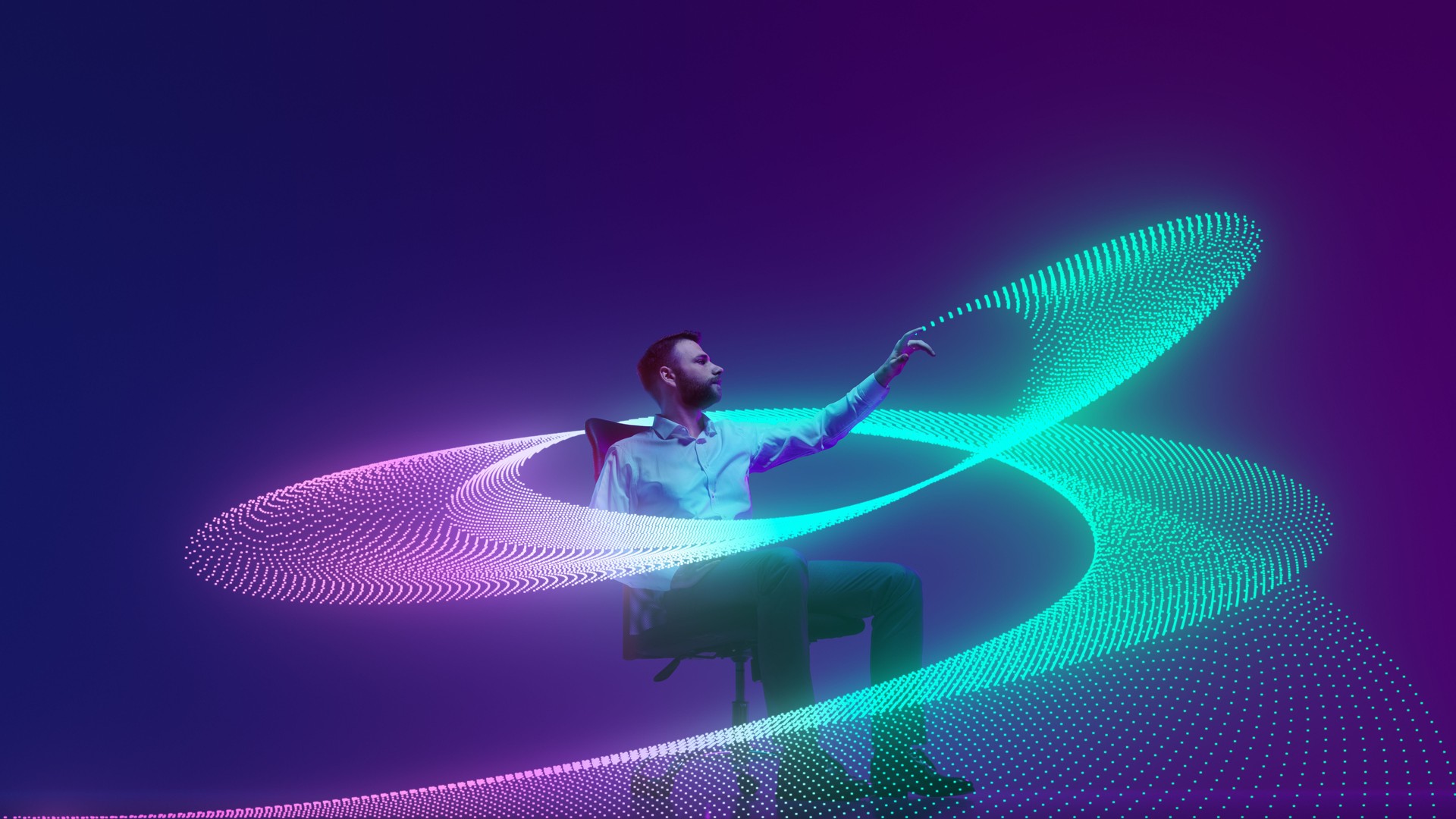 Two professionals in formal attire examine and interact with flowing digital wave on colorful background, representing data science